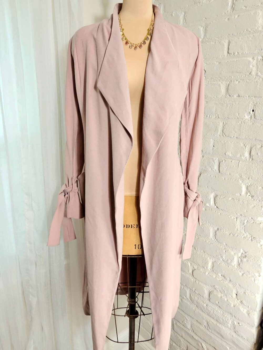 Express Blush Drape Trench Coat Size M Tie Waist Lightweight Open Front Jacket - Picture 2 of 11